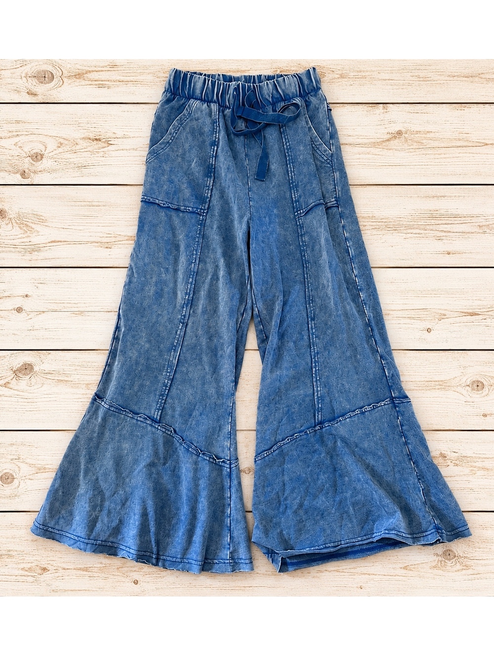 Zenana Blue Mineral Wash Wide Leg Flare Pants Size Small